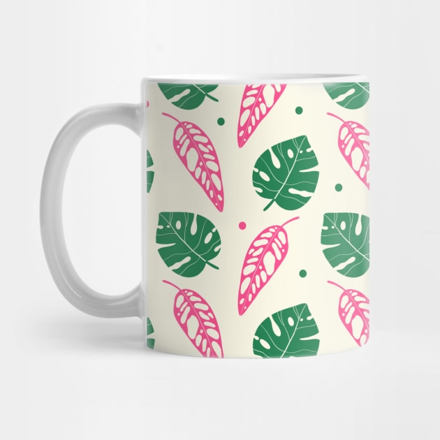 Bold Pink and Green Tropical Leaves Pattern Monstera plant by Trippycollage